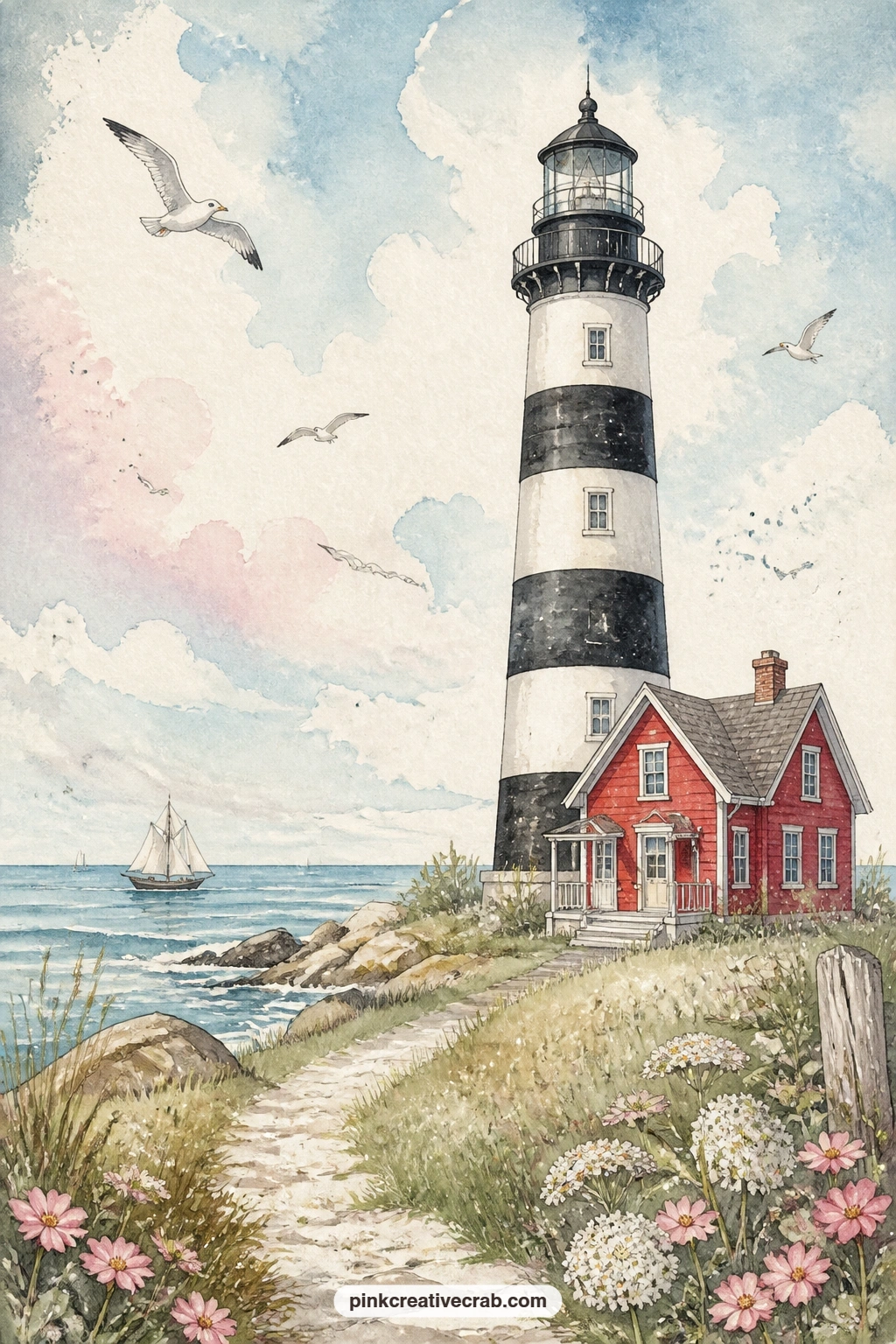 Black and White Lighthouse Beside Red House printable page — A black and white lighthouse stands next to a small red keeper house, the two buildings sharing