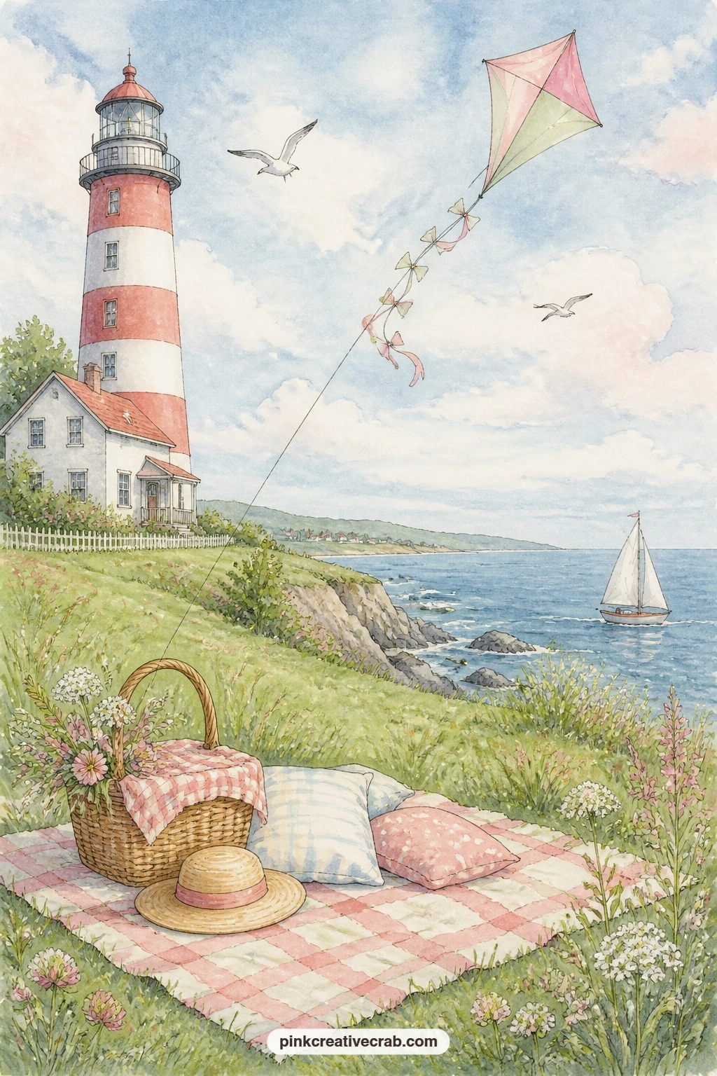 Picnic on the Grass With a Kite printable page — Ask yourself a simple question on this page: what would you pack for a picnic right here, within sight of the