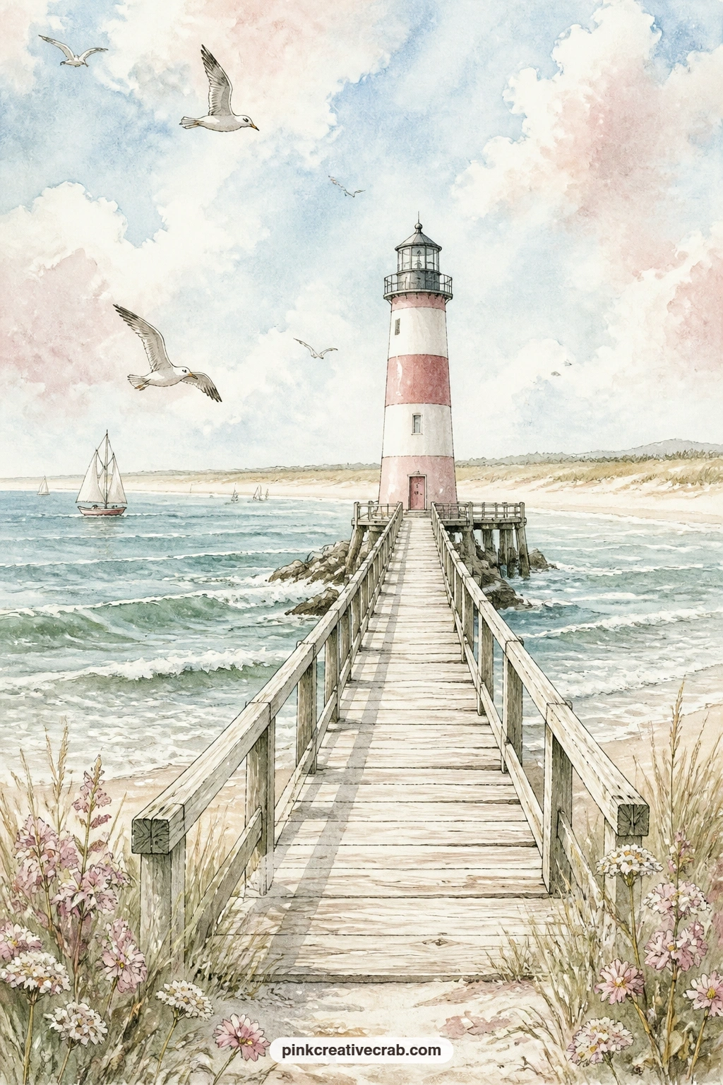 Lighthouse at the End of the Pier printable page — A lighthouse stands at the far end of a long pier, with a sandy beach stretching away behind it toward the