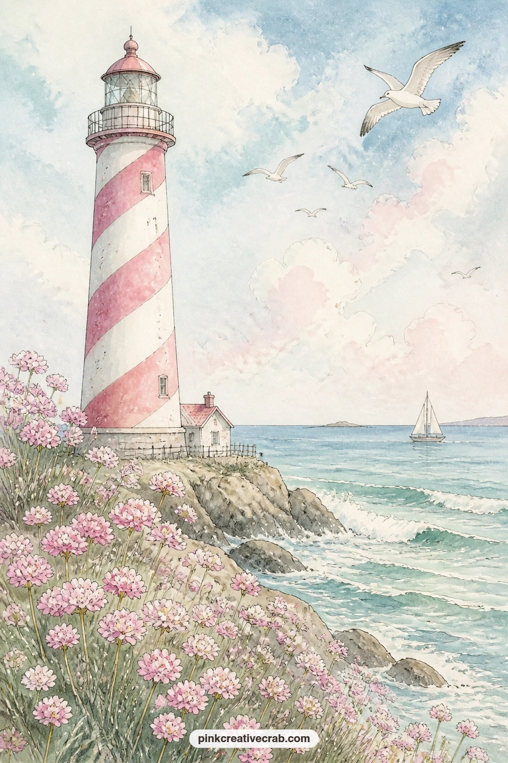 Spiral Stripes Above Sea Pinks printable page — A lighthouse painted with bold spiral stripes rises above a bank of sea pinks blooming along the rocky edge