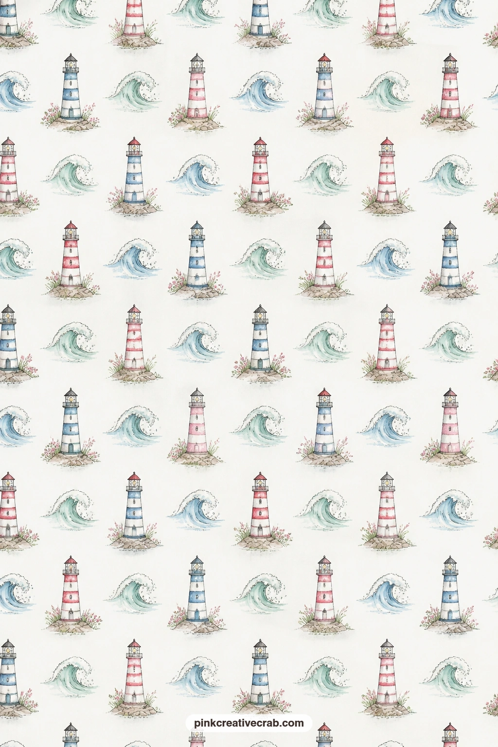 Tiny Lighthouses and Waves Pattern printable page — Small lighthouses and curling waves repeat across this sheet in soft coastal tones. Lighthouse junk journal