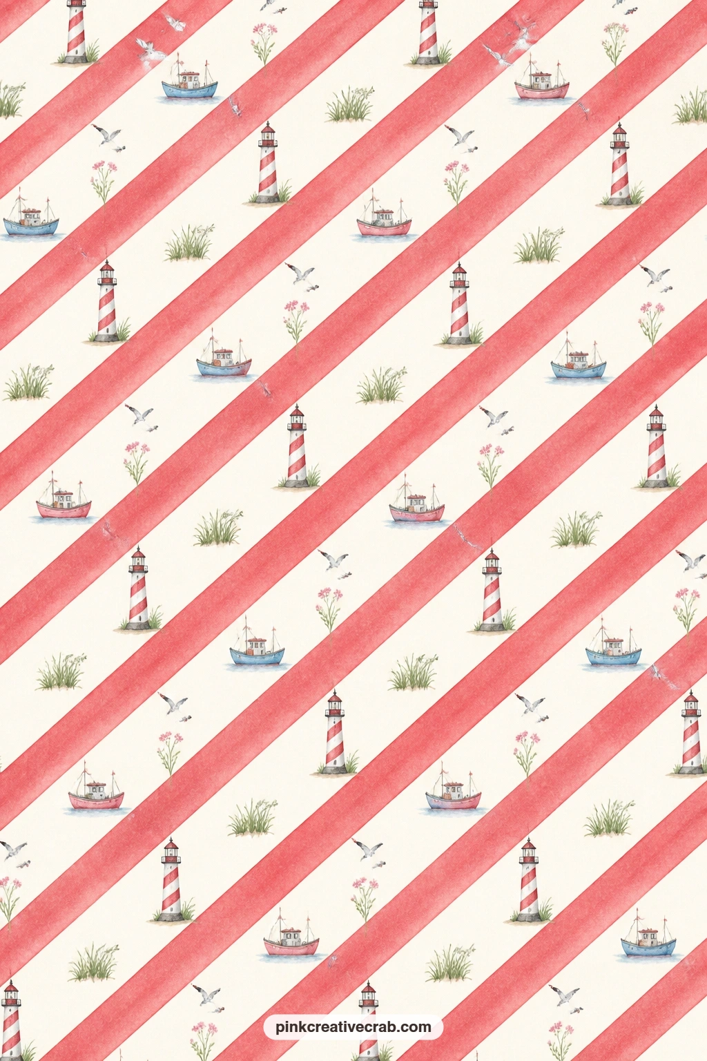 Red and White Stripes Pattern printable page — Bold red and white lighthouse stripes run across this sheet from edge to edge. Lighthouse junk journal