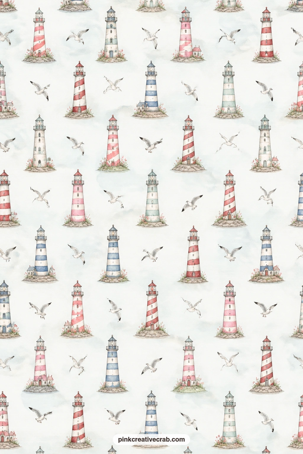 Lighthouses and Seagulls Paper printable page — Small lighthouses and gulls scatter evenly across this soft sheet. Lighthouse junk journal