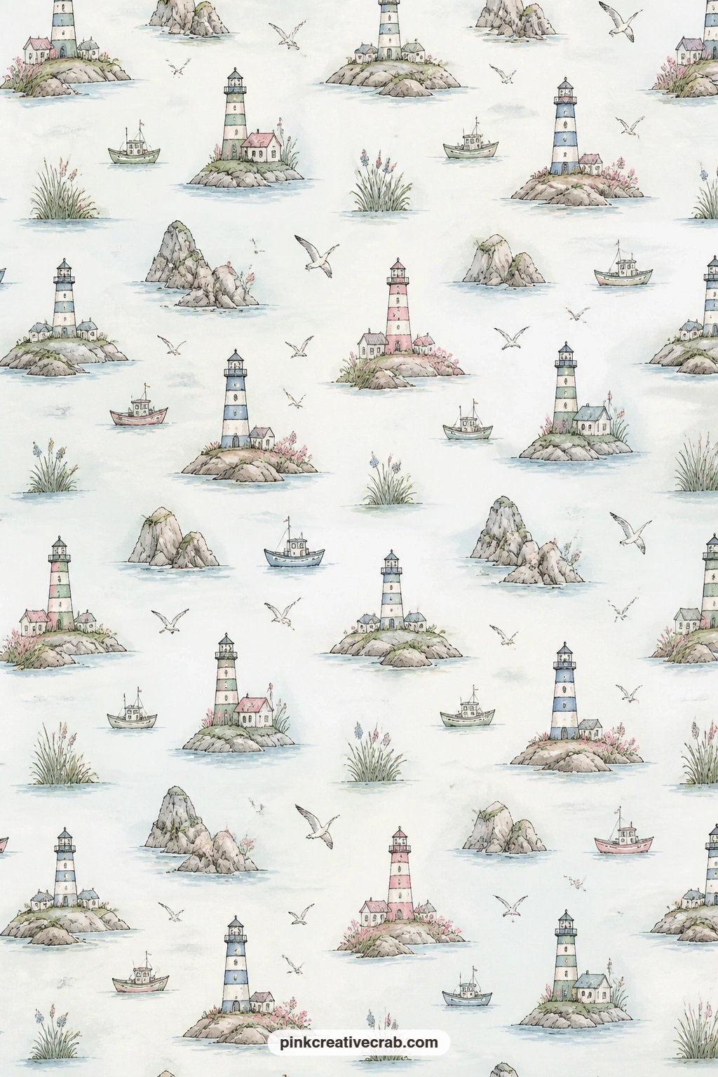 Rocky Coast and Lighthouse Paper printable page — A soft all over texture of rocky coastline shapes and small lighthouse silhouettes fills this sheet.