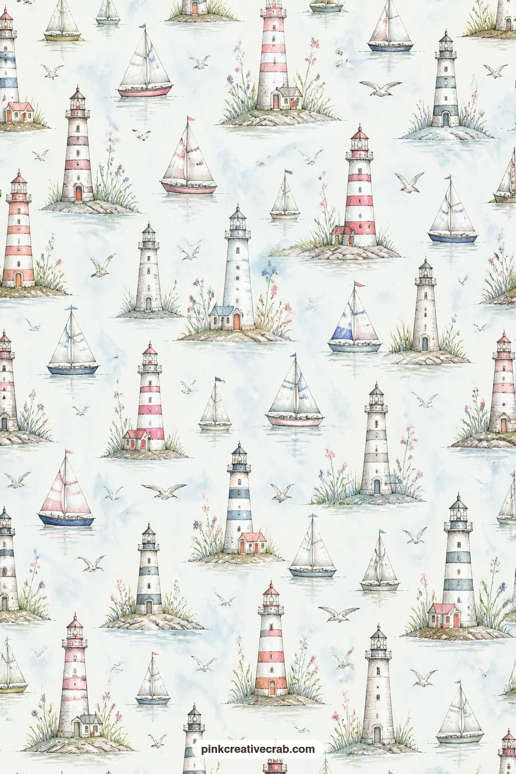 Little Lighthouses and Sailboats Paper printable page — Little lighthouses and sailboats float across a pale blue field on this sheet. Lighthouse junk journal