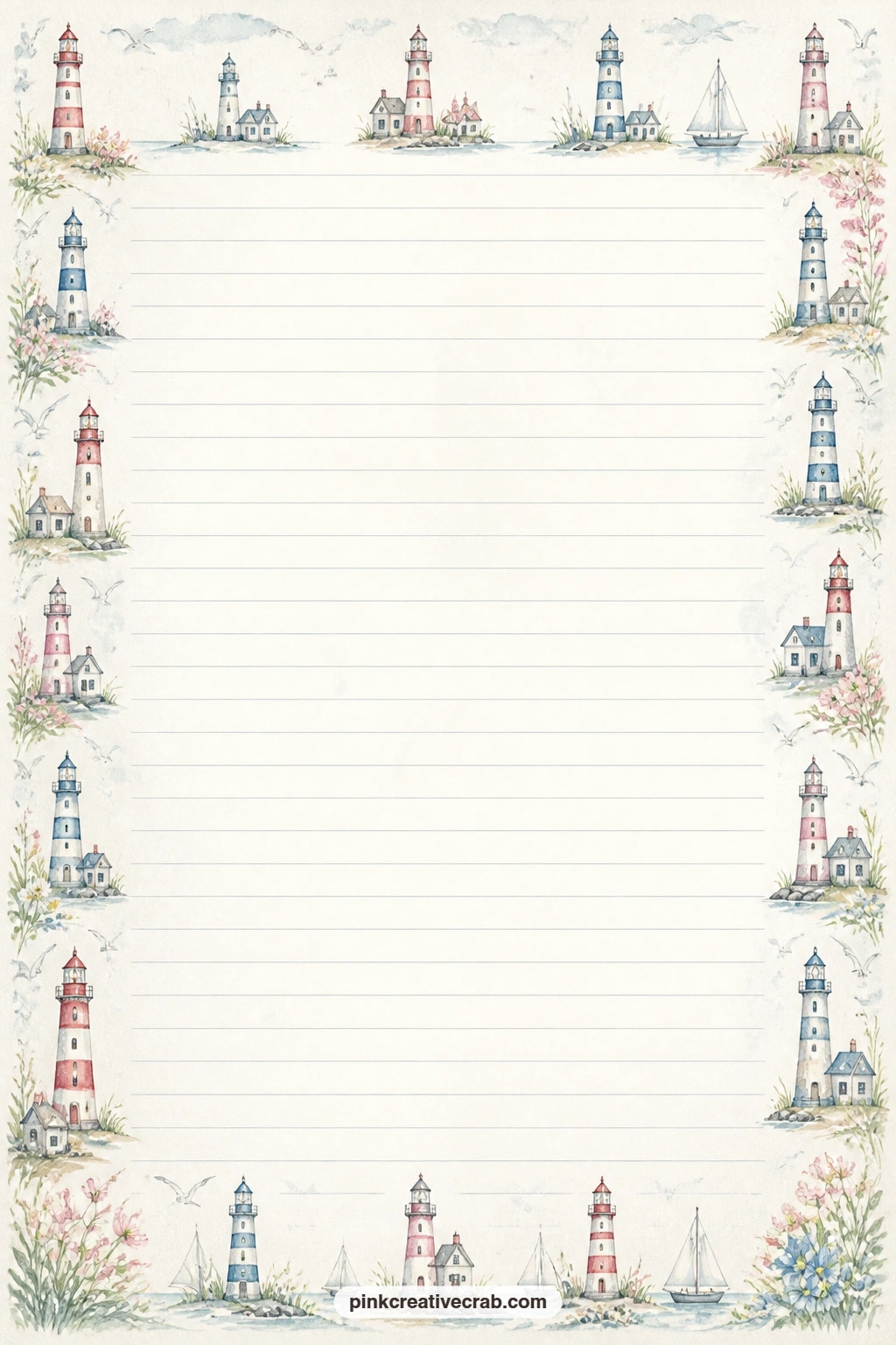 Lighthouse Border Lined Page printable page — A lighthouse runs as a border around the edge of this page, framing a set of faint ruled lines in the middle.