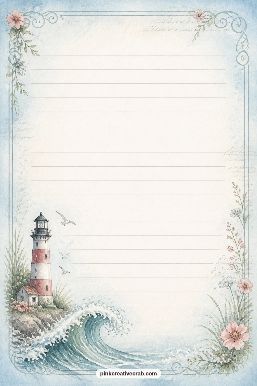 Lighthouse and Wave Corner Lined Page printable page — A lighthouse and a small wave sit tucked into one corner of this page, with faint ruled lines filling