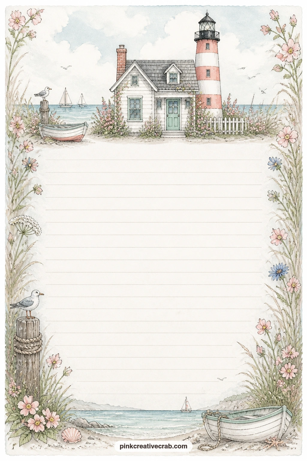 Keeper Cottage Frame Lined Page printable page — A keeper cottage frames the top of this page above a set of faint ruled lines. Lighthouse junk journal