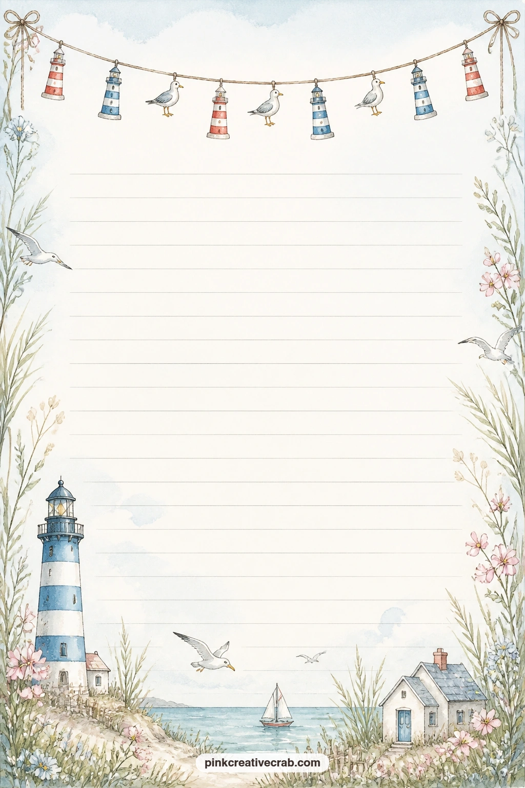 Lighthouse and Seagull Garland Lined Page printable page — A garland of tiny lighthouses and seagulls drapes across the top of this page above the faint ruled