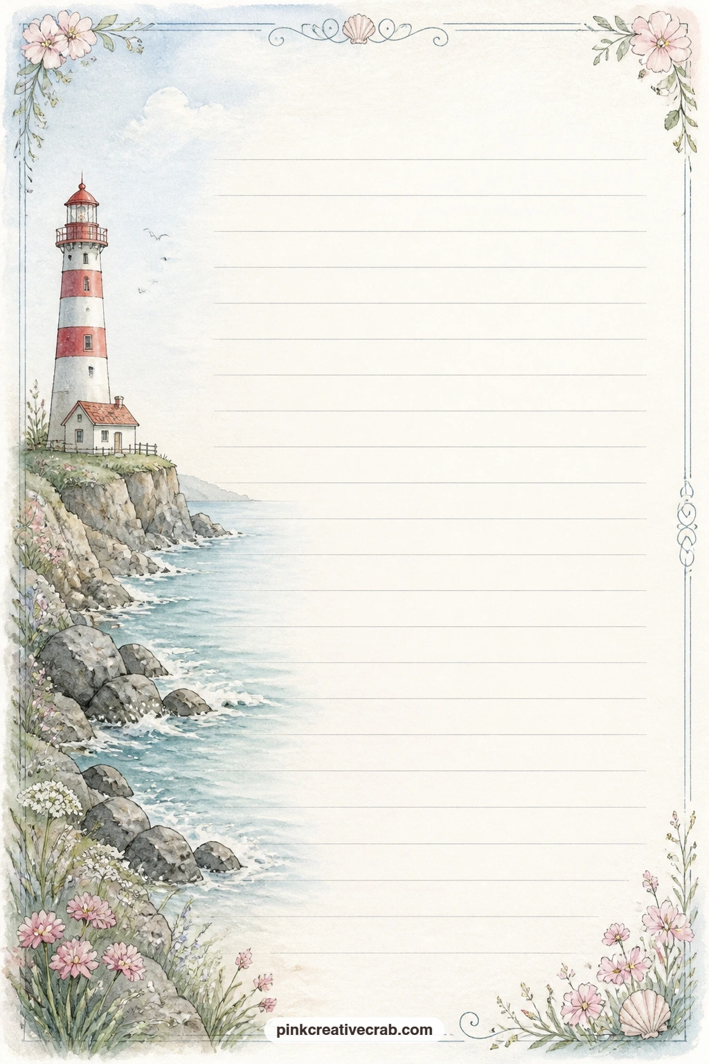Rocky Coast Lighthouse Lined Page printable page — A band of rocky coastline and a small lighthouse runs down one side of this page, leaving faint ruled lines