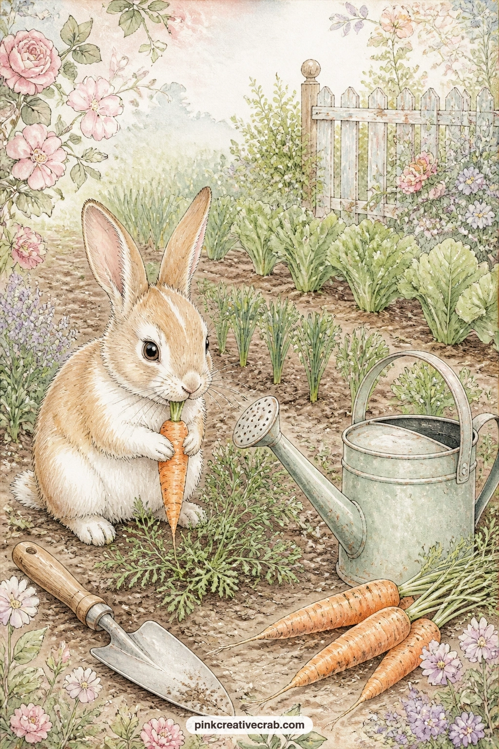 Carrot Garden With Watering Can printable page — Tuck a real seed packet or a hand-written planting list onto this page, something small enough to sit beside