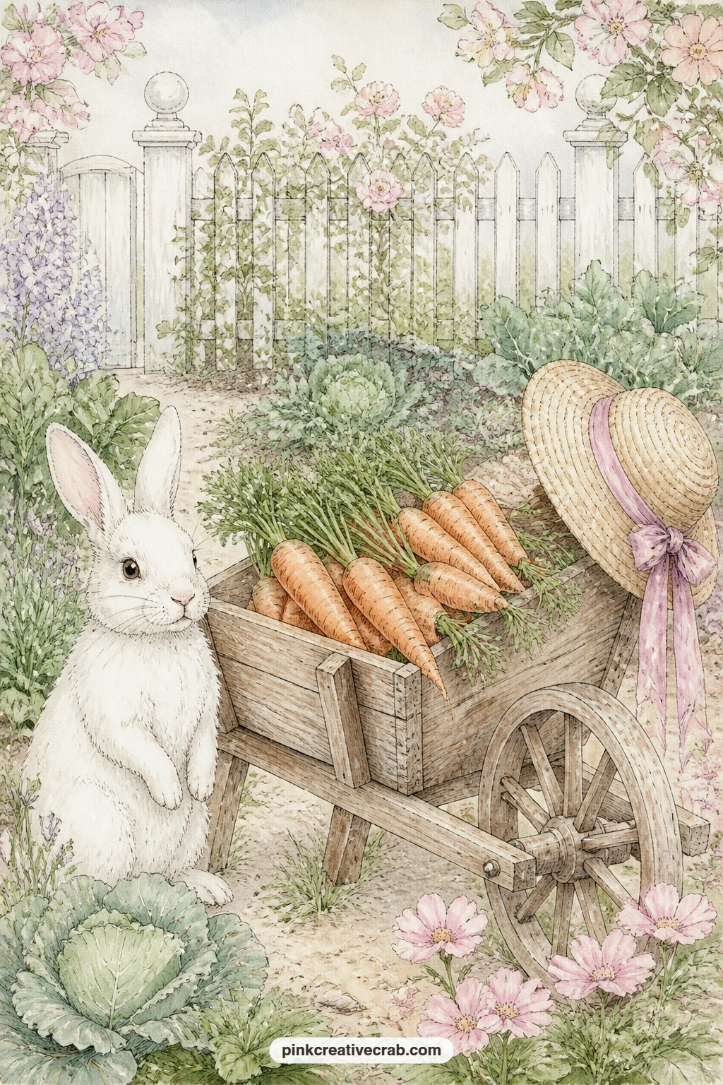 Wheelbarrow Of Carrots printable page — Pair this page with the gingham background a few sheets along: trim a narrow strip of the gingham paper and glue it as