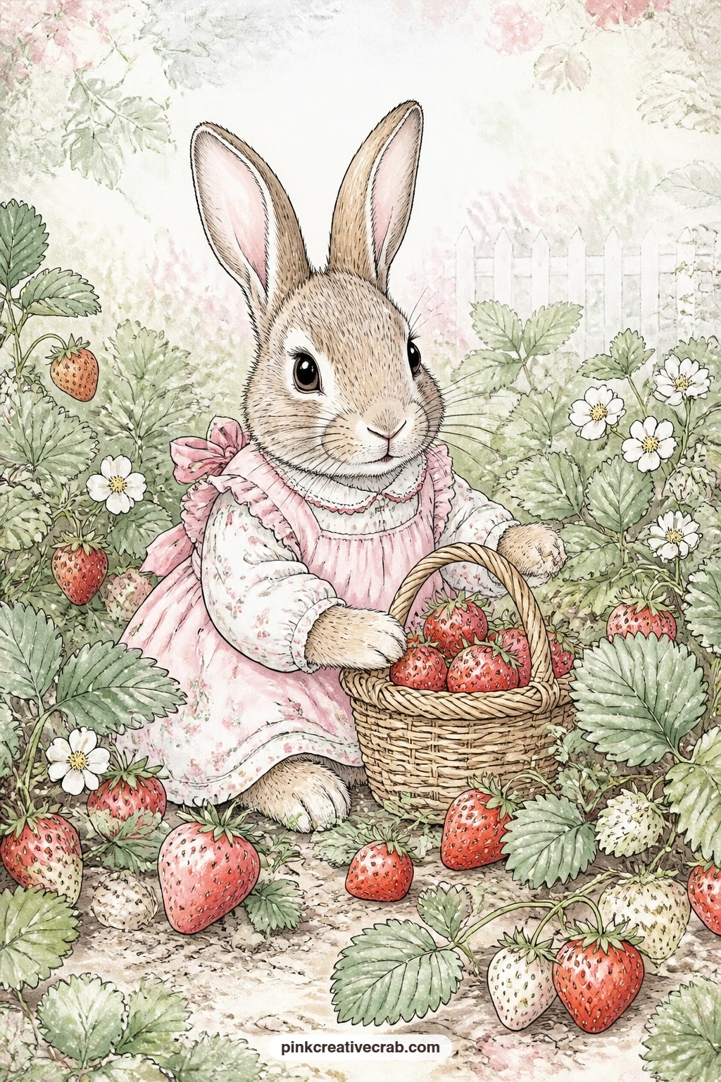 Strawberry Patch Basket printable page — A bunny sitting among ripe strawberries with its own little basket makes a cheerful corner for a short summer memory