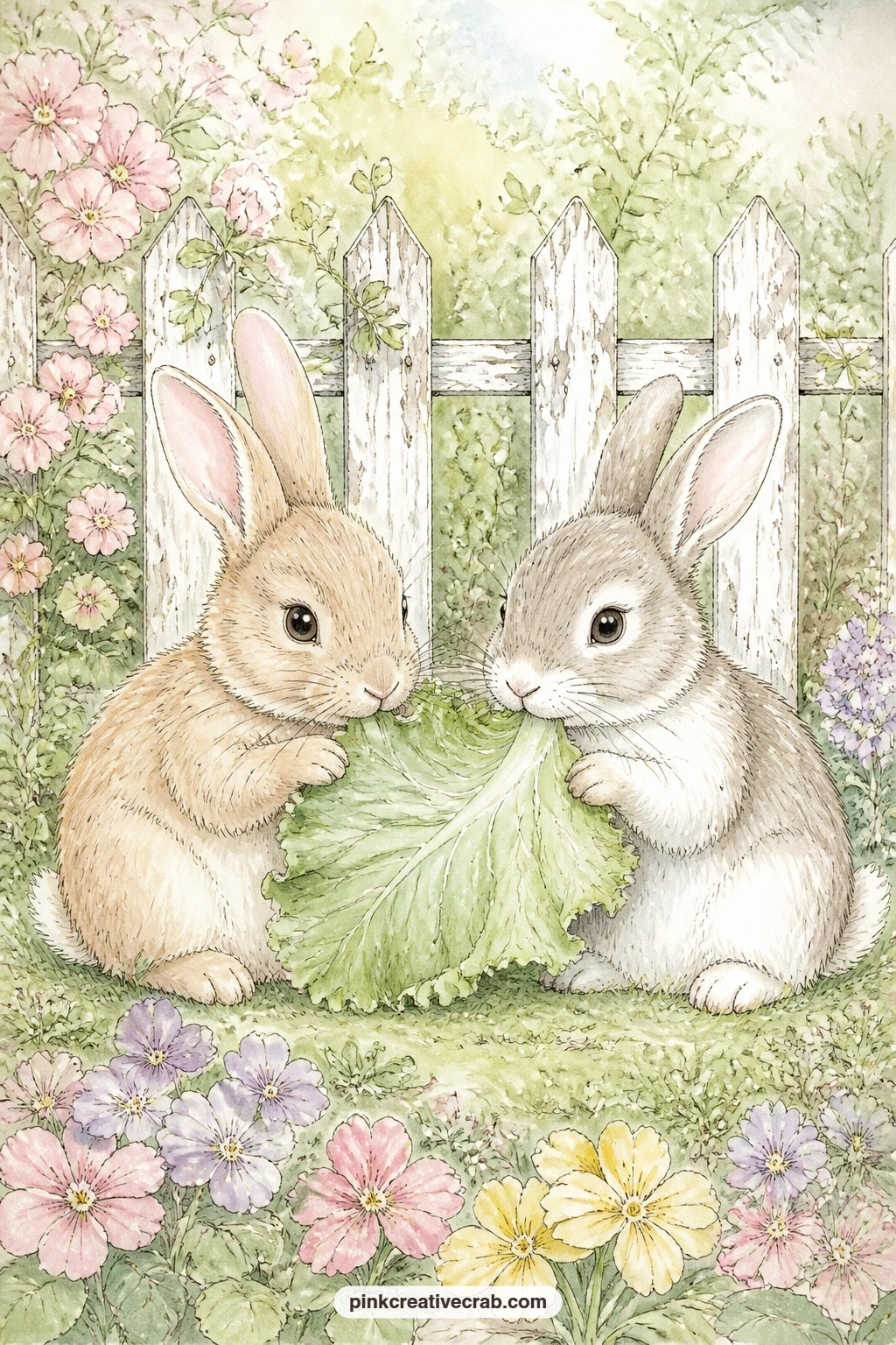Shared Lettuce Leaf printable page — The usual mistake with a two-animal page is leaving one bunny looking like an afterthought: keep both rabbits close