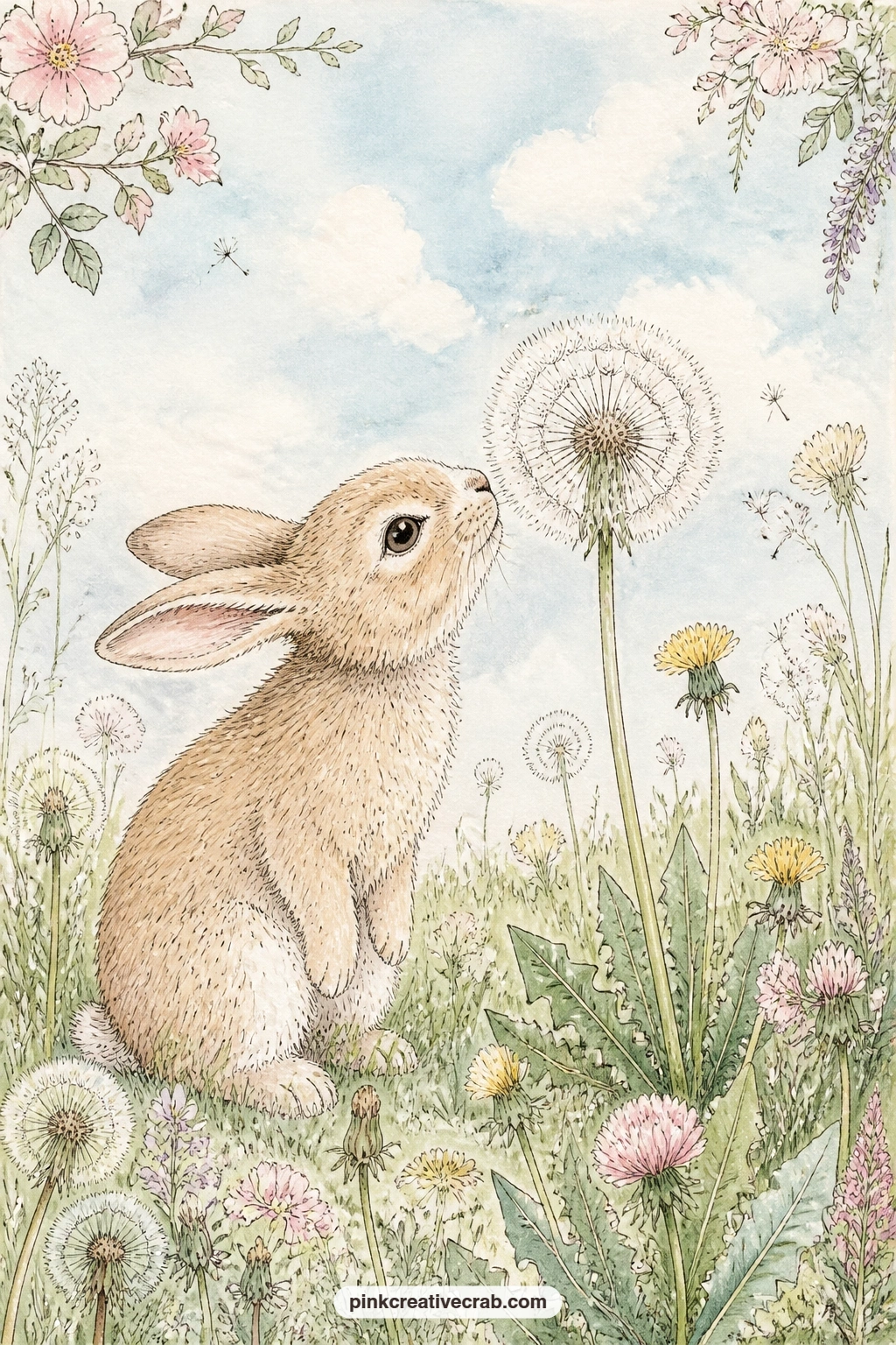 Dandelion Puff Meadow printable page — Ask a short question on this one: what is something you wished for lately. Bunny junk journal