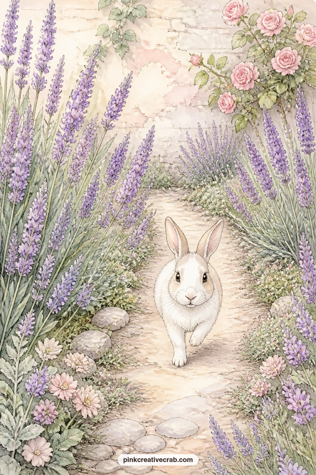 Lavender Garden Path printable page — Place this page in a spread beside the dandelion meadow before it: let the lavender border run toward the edge of the