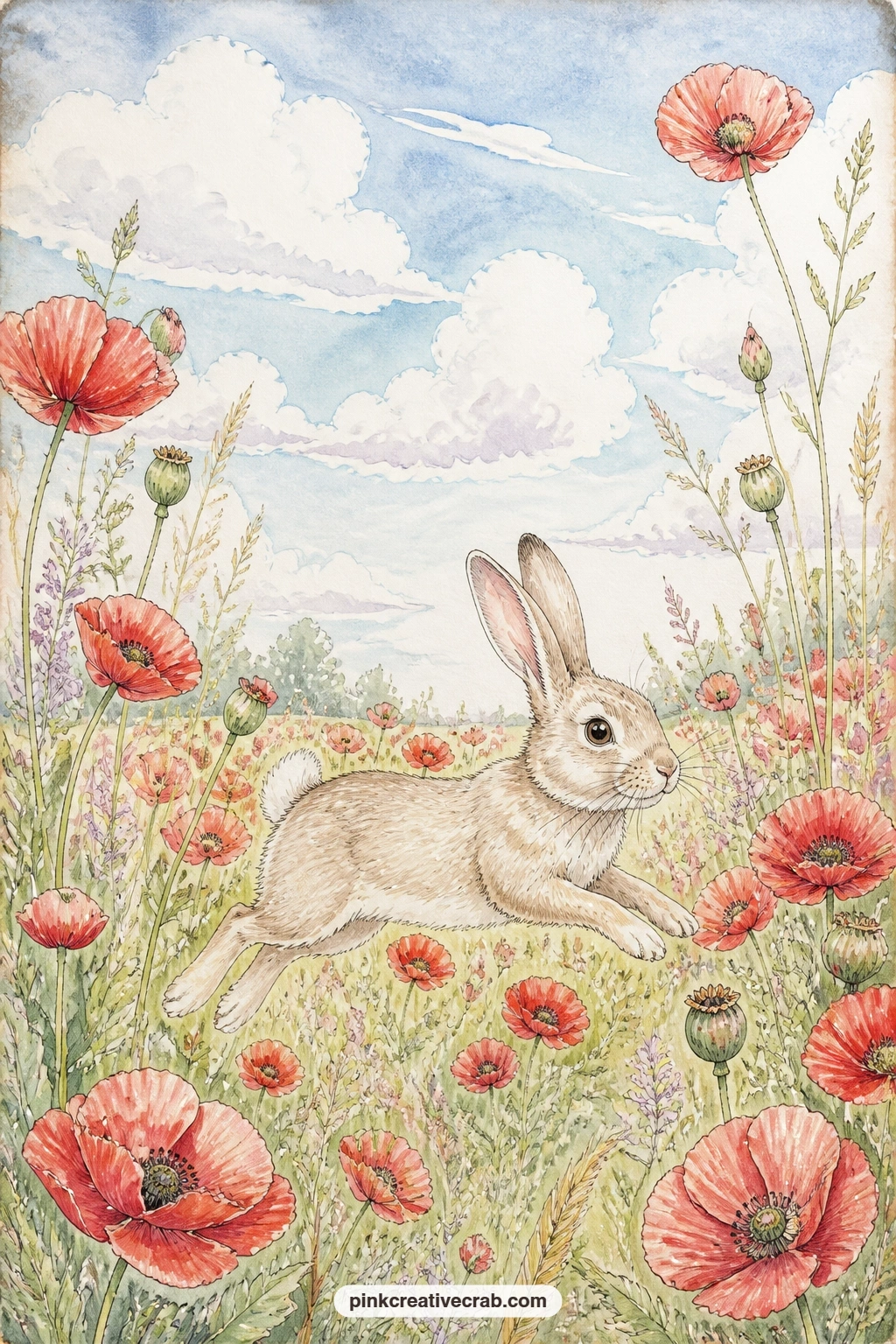 Poppy Field Afternoon printable page — The five-minute version: cut around just the bunny and the nearest poppies, and glue the smaller piece onto a plain
