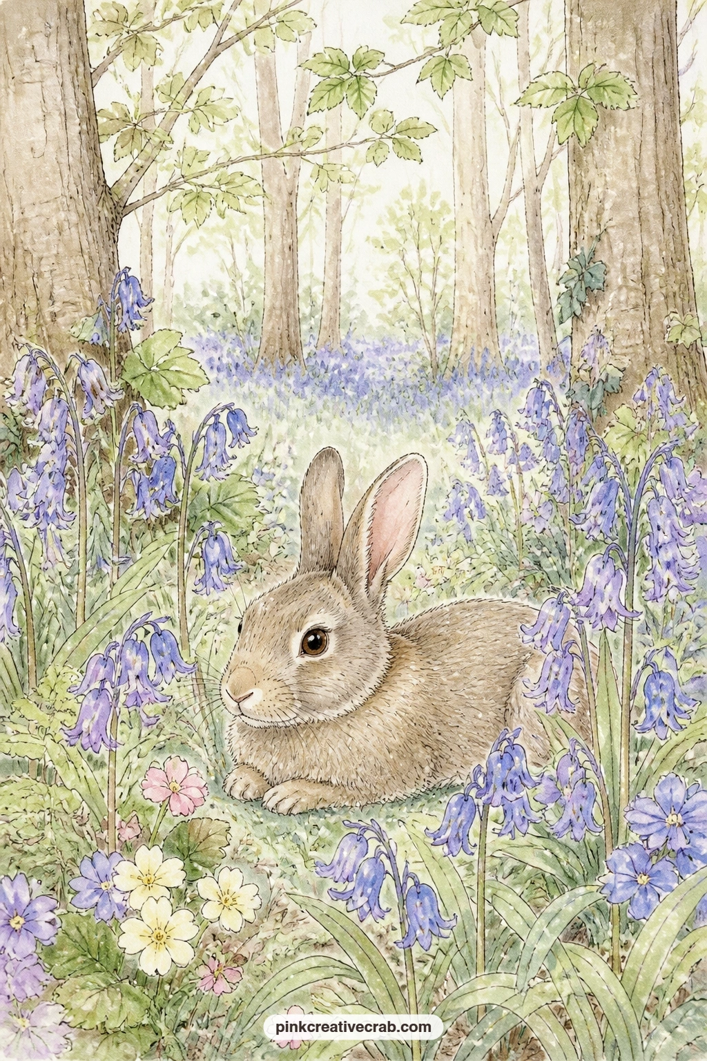 Bluebell Woodland Clearing printable page — A bunny settled among bluebells in a quiet woodland clearing suits a reflective entry, the kind of page where you