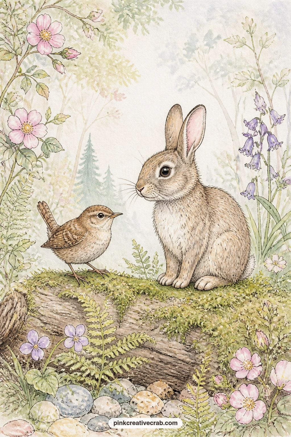 Wren On A Mossy Log printable page — Twenty-five words is plenty for a quiet pair like this: a rabbit and a wren sit together on a mossy log, tiny ferns