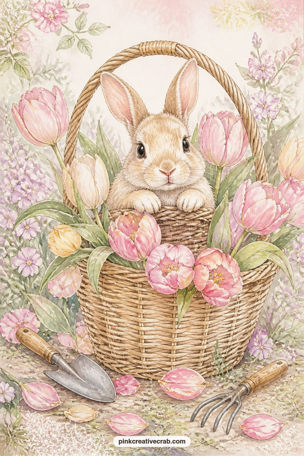 Tulip Basket Bunny printable page — A baby bunny peeking out of a wicker basket of tulips works well as a cover piece: it reads clearly even shrunk down, which