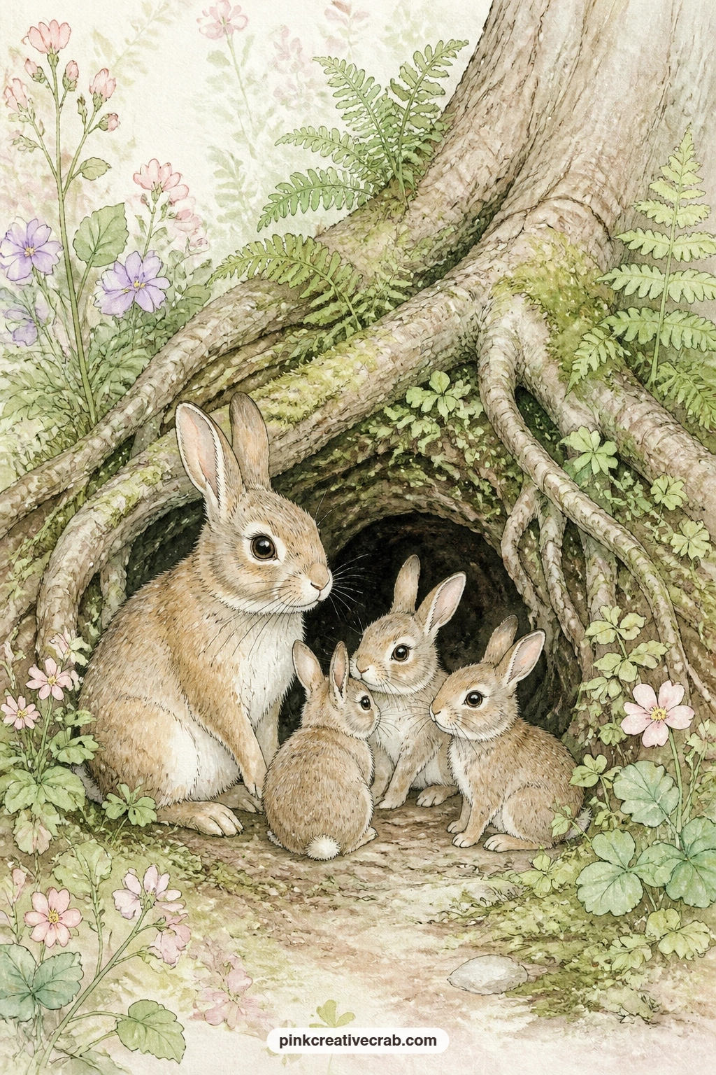 Rabbit Family At The Burrow printable page — Write a short family memory here, or leave the space for someone else's name if this journal is a gift: the burrow