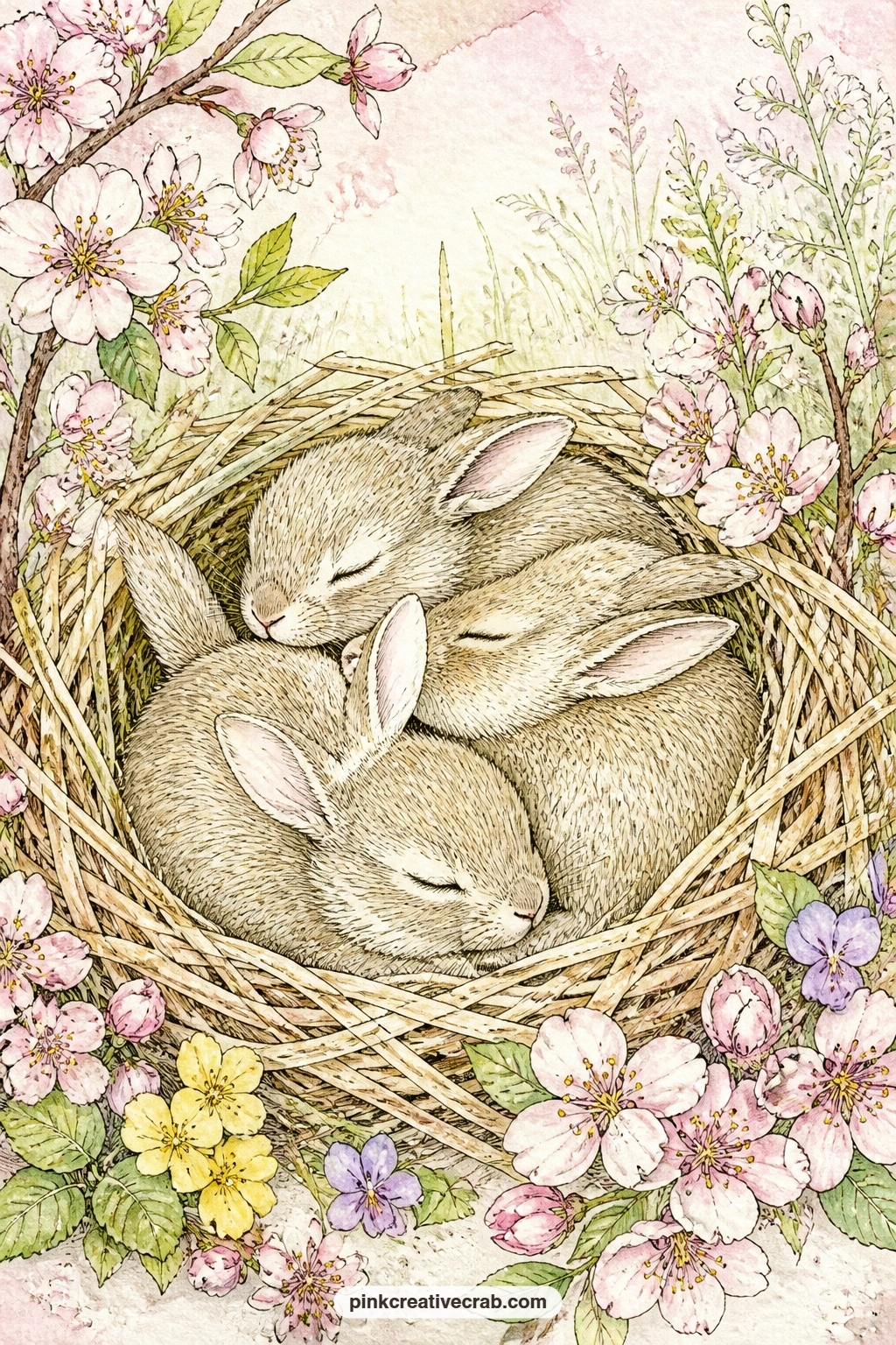 Straw Nest Of Baby Rabbits printable page — Tear the edge of this page by hand before gluing it in, rather than cutting it straight: a torn edge suits the