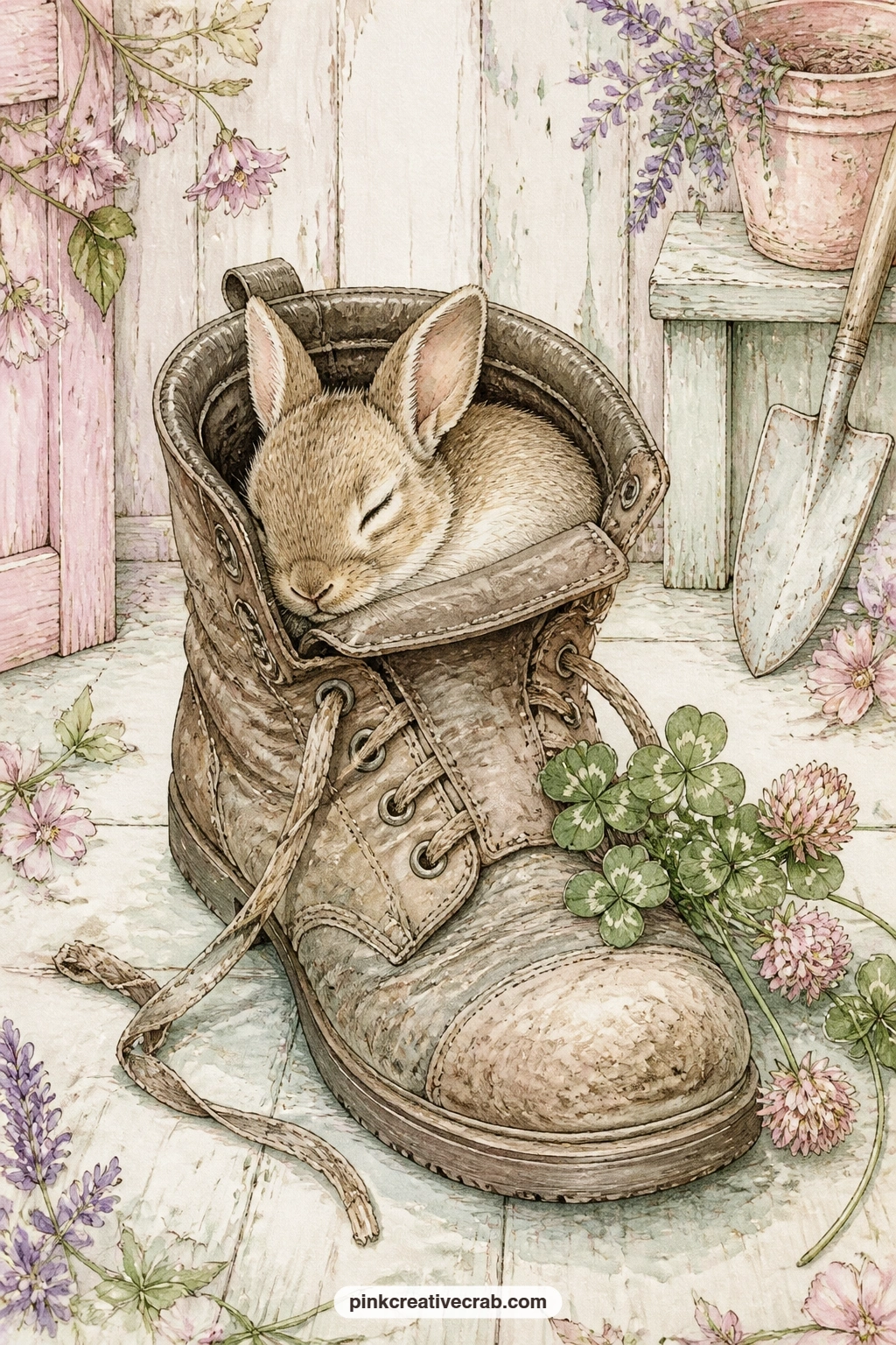 Garden Boot Hideaway printable page — A bunny curled inside an old garden boot with a sprig of clover tucked beside it makes a cosy, slightly comic corner for