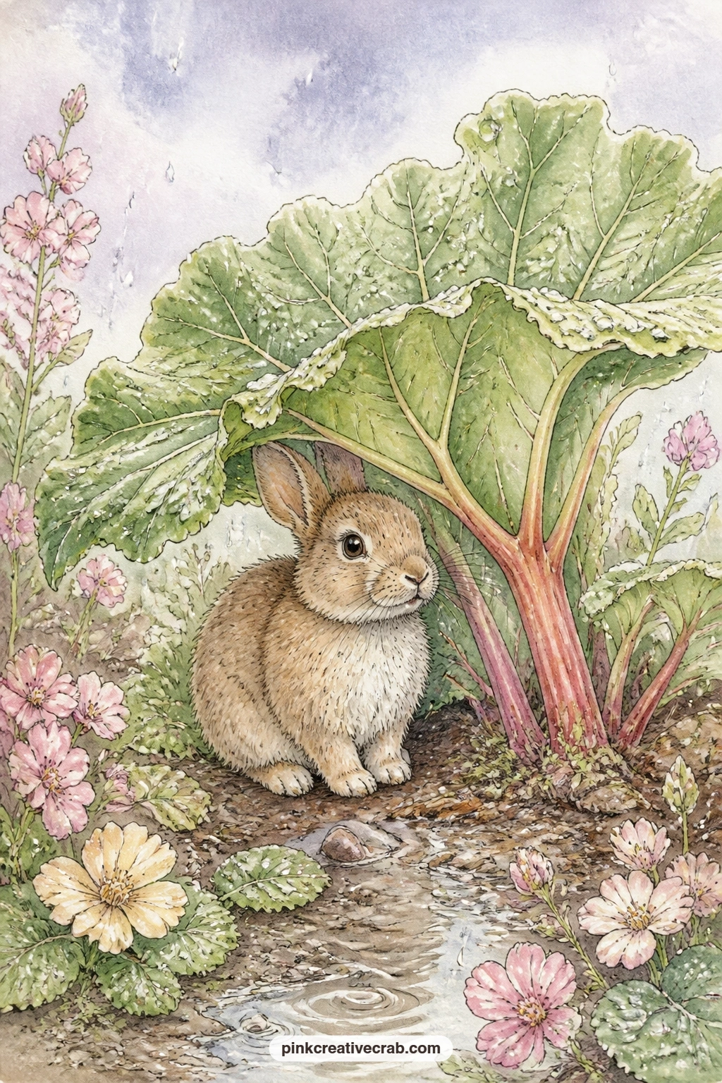 Rhubarb Leaf Shelter printable page — Pair this page with gentle rain written into the entry: what you do on a slow, wet afternoon, or a memory that happened