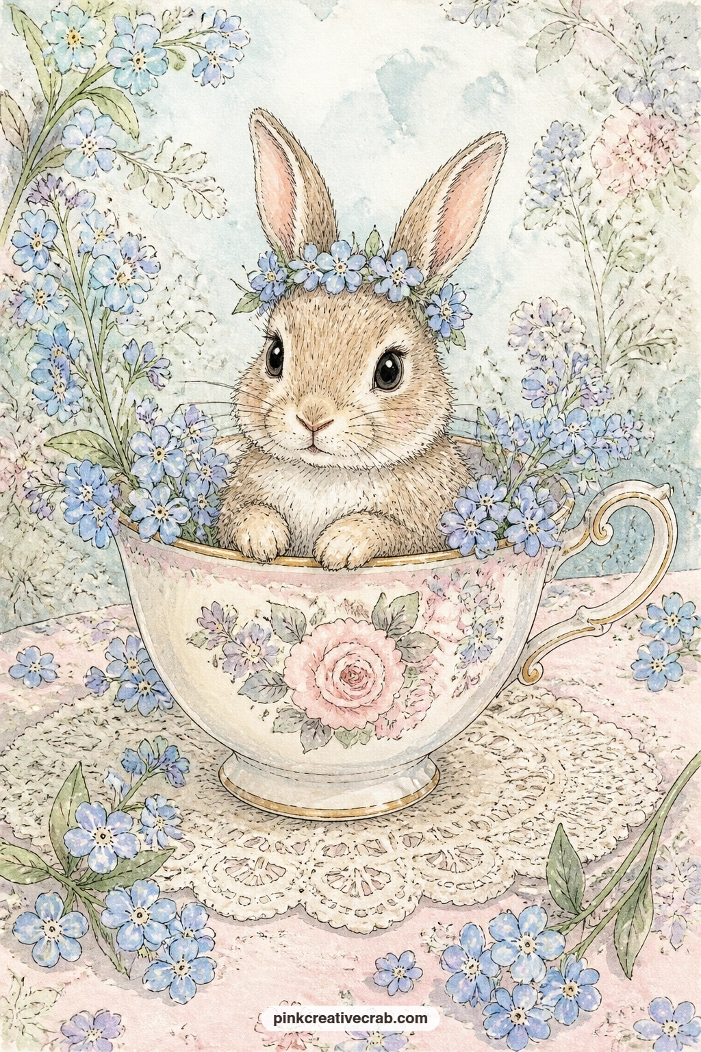 Teacup Bunny With Forget-Me-Nots printable page — Fussy-cut just the teacup and bunny from this page if you want a smaller embellishment for a different