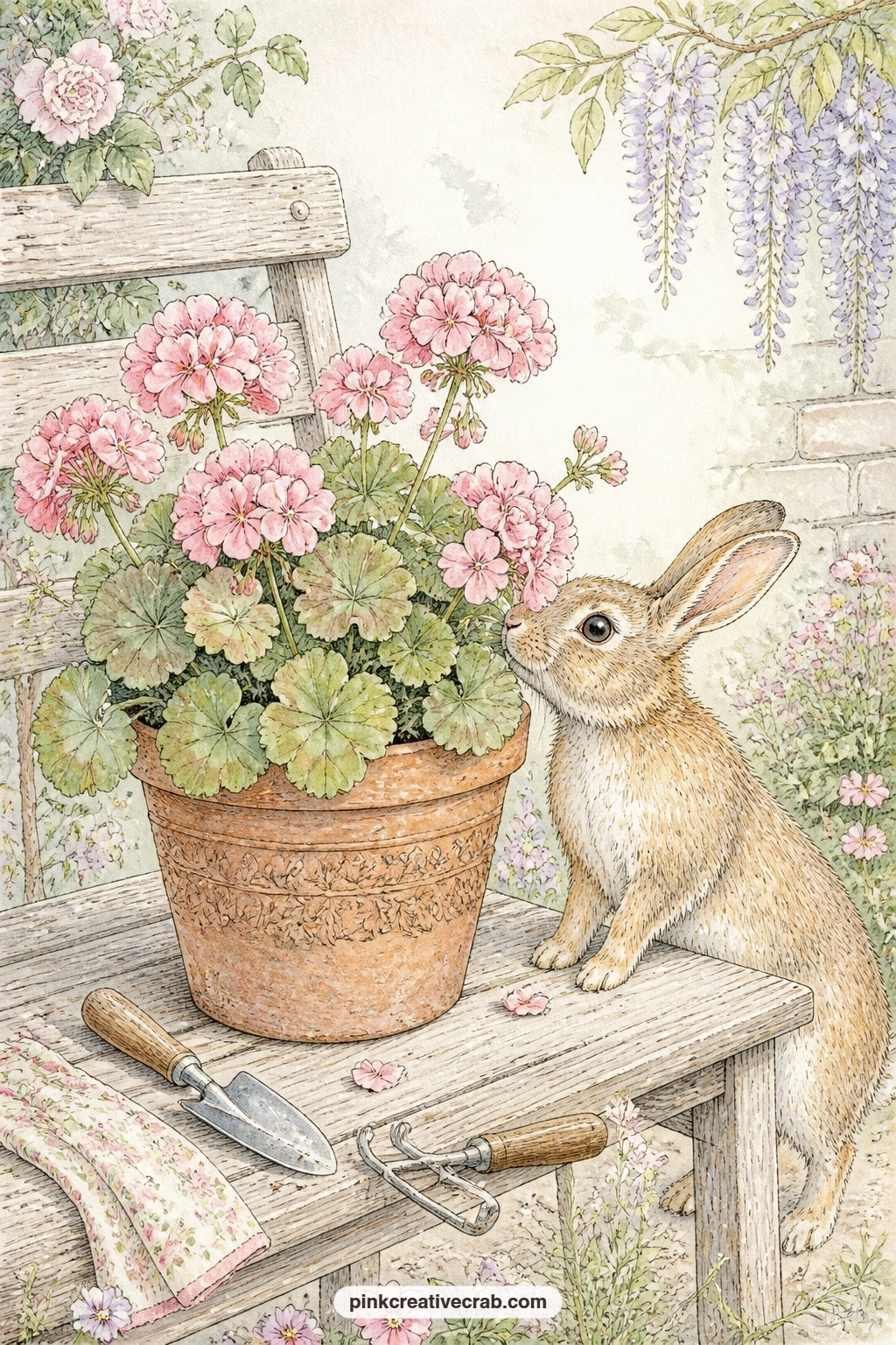Geranium Pot On The Bench printable page — A bunny sniffing a pot of pink geraniums on an old garden bench gives you a calm, simple scene for a page where the
