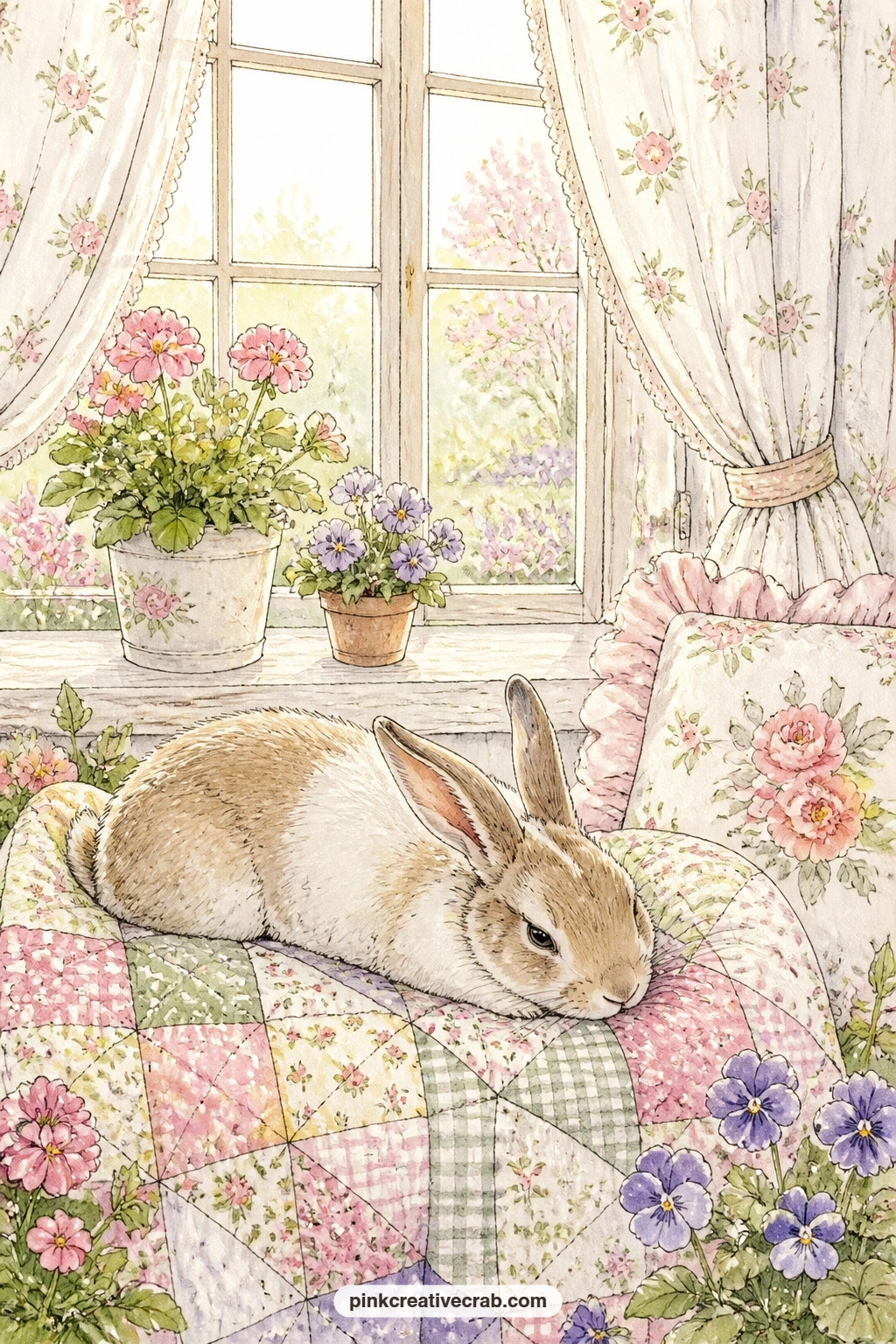 Cottage Window Quilt printable page — Keep a bunny resting on a quilt in a sunny cottage window near the front of your journal, it reads as a kind of welcome