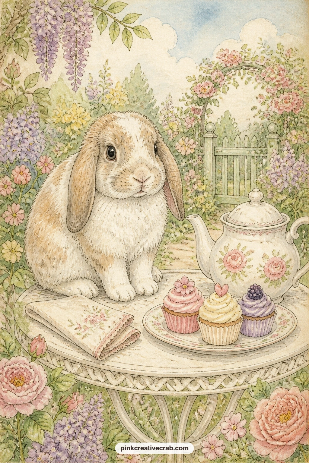 Lop-Eared Tea Table printable page — A lop-eared rabbit sitting at a garden table with a teapot and a small plate of cupcakes suits an entry about a visit, a