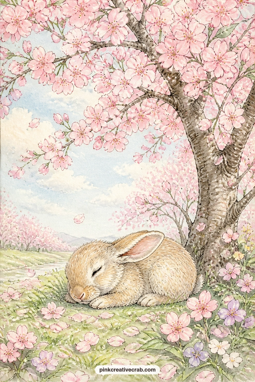 Cherry Blossom Nap printable page — Napping under a blooming cherry tree on soft grass, this rabbit suits a page about rest, written with as few words as the