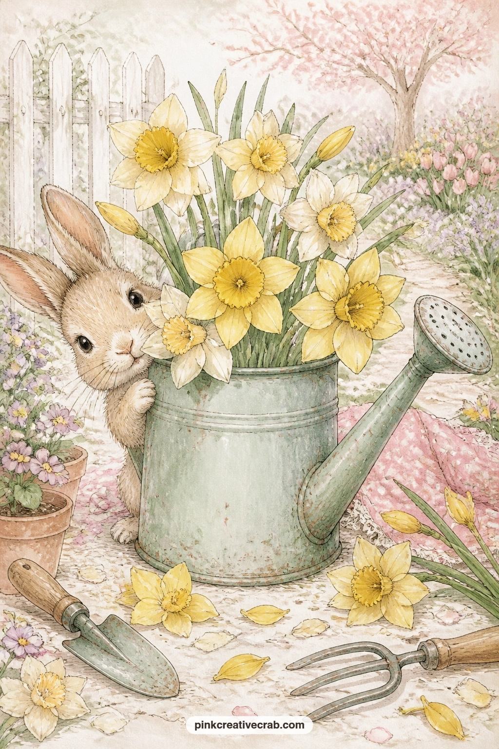Daffodil Watering Can printable page — Glue a pressed flower or a dried petal onto this page once it is printed: a bunny peeking from behind a watering can
