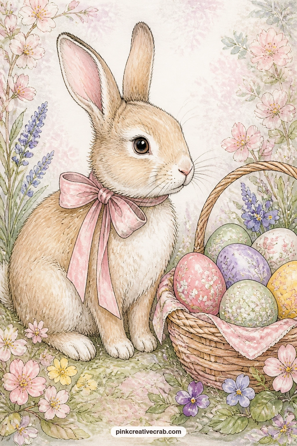 Ribbon Bunny With Egg Basket printable page — This page suits anyone who loves a seasonal page more than a daily one: a bunny with a ribbon around its neck