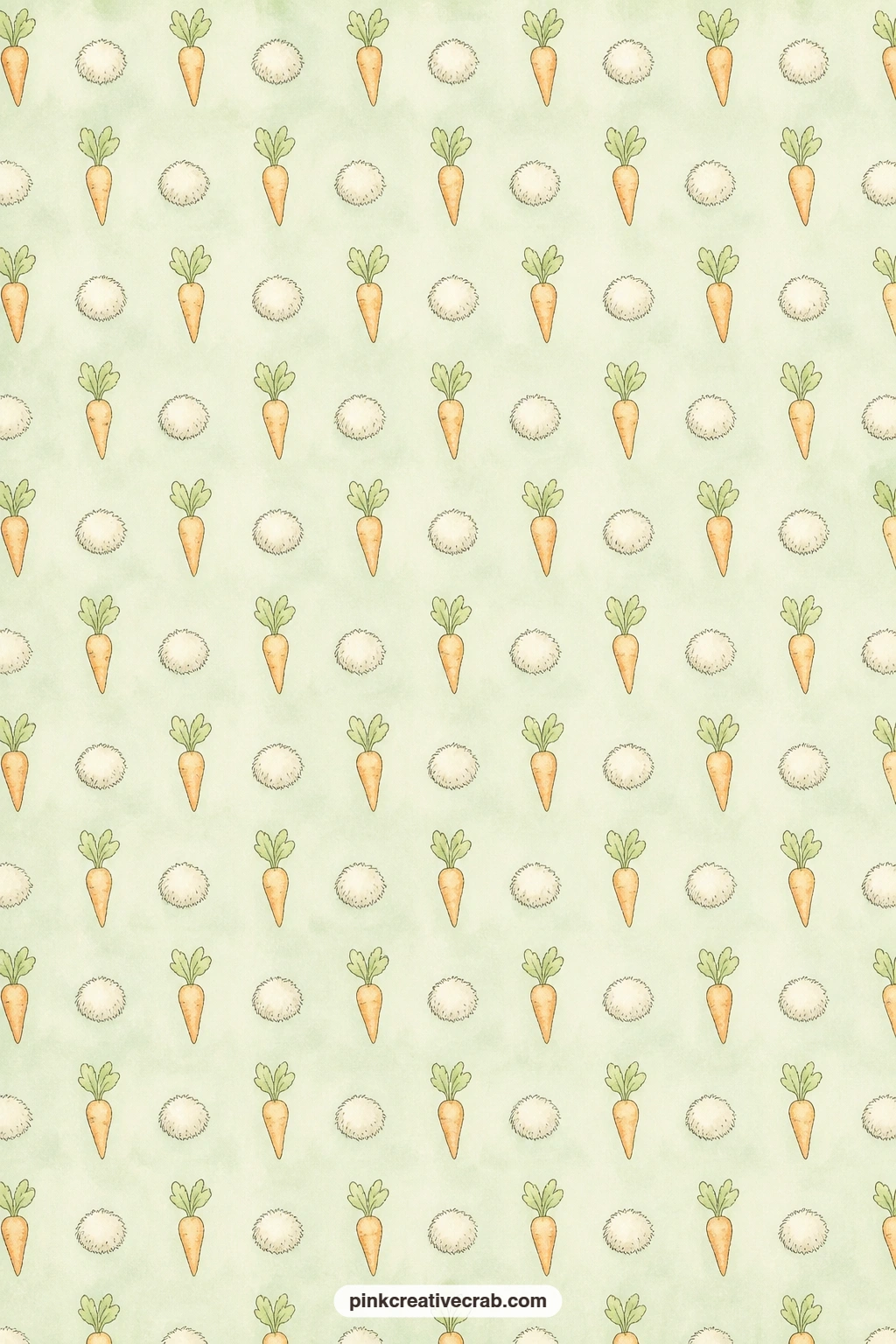 Carrot And Bunny Tail Pattern printable page — Use this mint green pattern of carrots and fluffy bunny tails behind a garden photo, as the base of a pocket