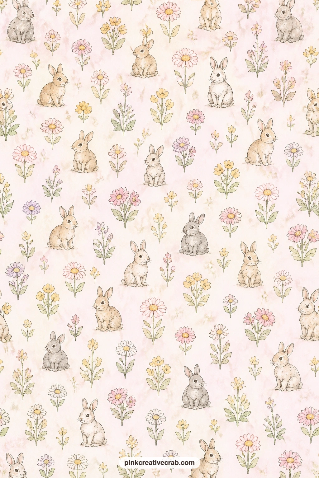 Pastel Bunnies And Daisies printable page — This soft all-over paper of pastel bunnies and daisies works well as a journal cover base, a pocket lining, or cut