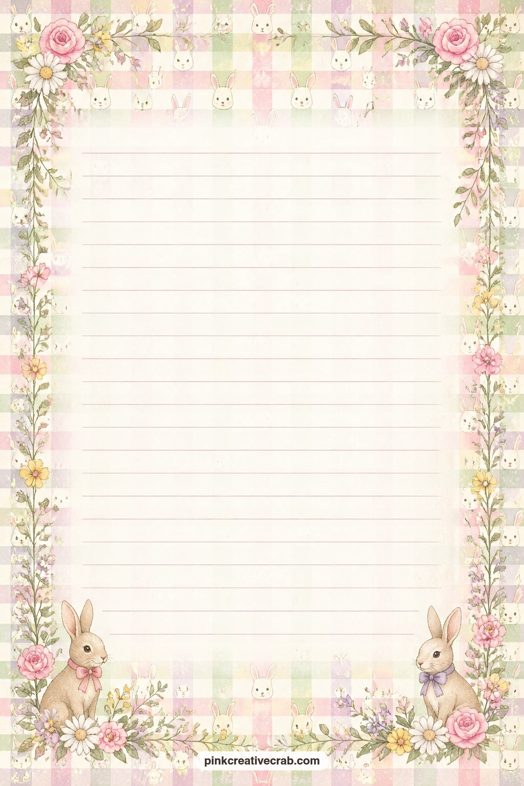 Gingham Bunny Faces printable page — A classic gingham check scattered with tiny bunny faces suits a picnic page, a pocket lining, or a simple cover wrap for