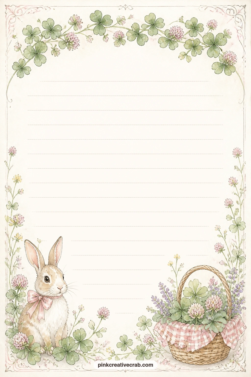 Clover Garland Lined Page printable page — This page suits a menu for a spring lunch, a short letter to next year, or a simple list of things you noticed