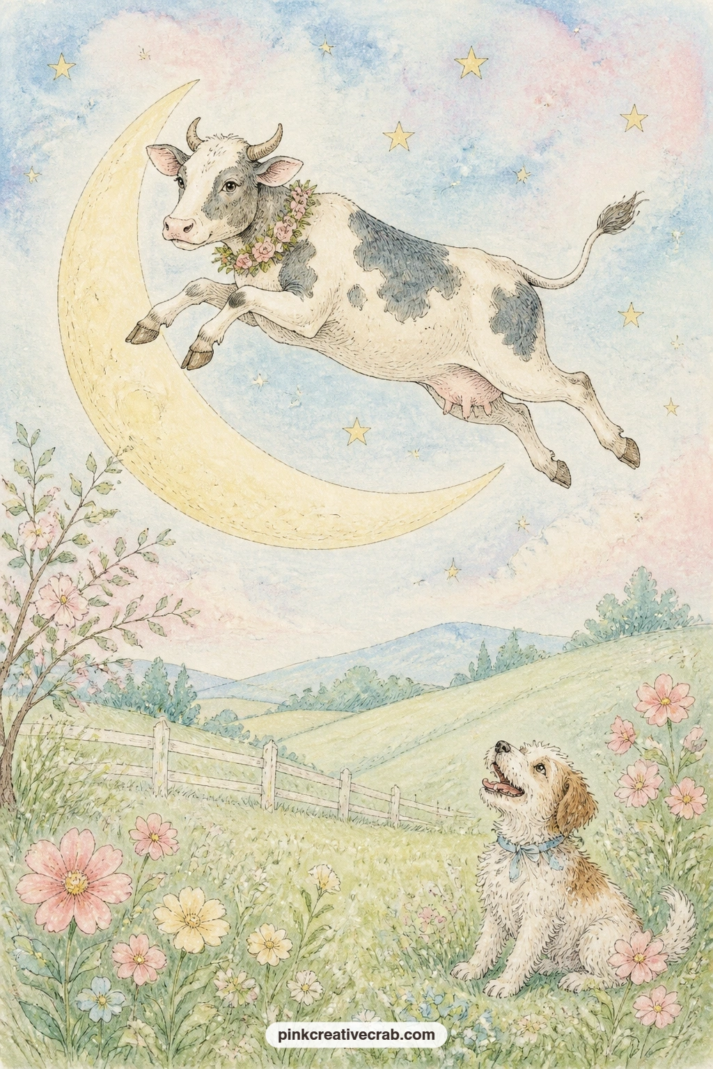 Cow Over The Pastel Moon printable page — Give this one to the page facing the mittens drawing from the kittens group later in the set, so one spread holds a