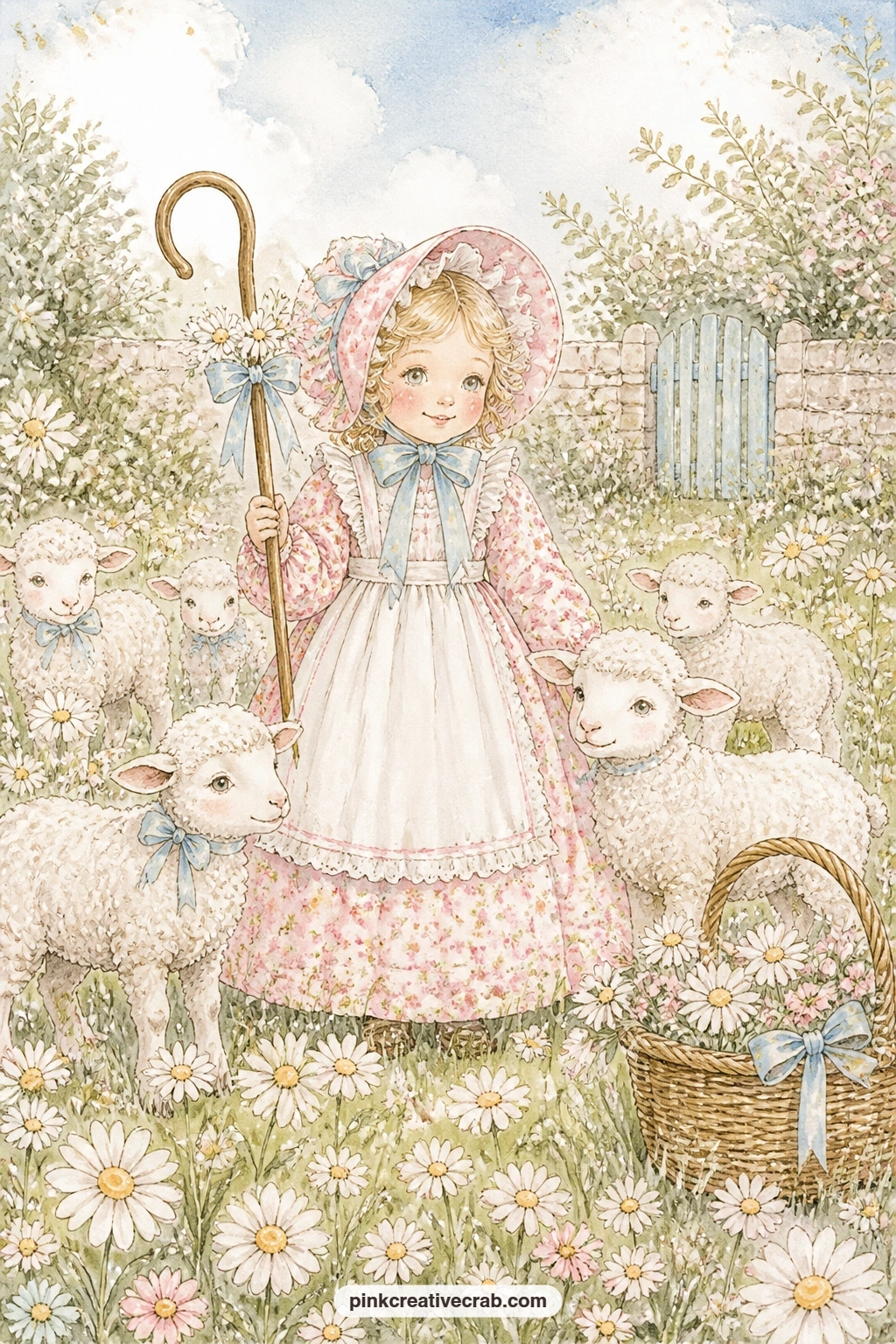 Bo Peep And Her Sheep printable page — Little Bo Peep leans on her crook in a daisy field while her fluffy sheep wander close by, ribbons loose in the breeze