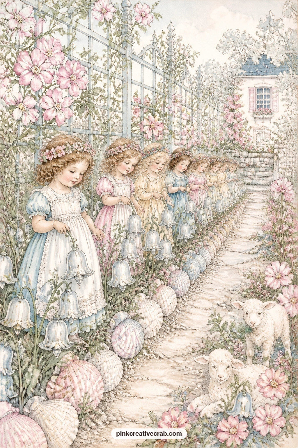 Mary's Garden Of Bells printable page — Silver bells and cockle shells line a garden path while flower maids stand in a neat row, their dresses echoing the