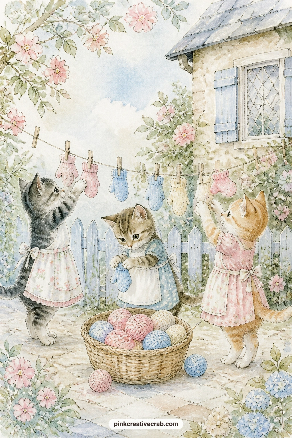 Three Kittens And Mittens printable page — Pair this with the kittens and mittens calico pattern further on in the kit, using the pattern as a backing sheet so