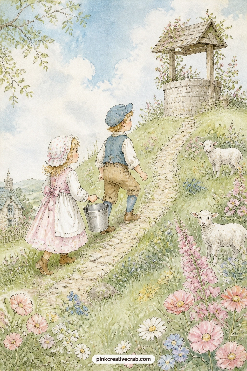 Jack And Jill's Hill printable page — Ask the child who receives this journal to write the ending of the rhyme in their own words beside the climbing pair on