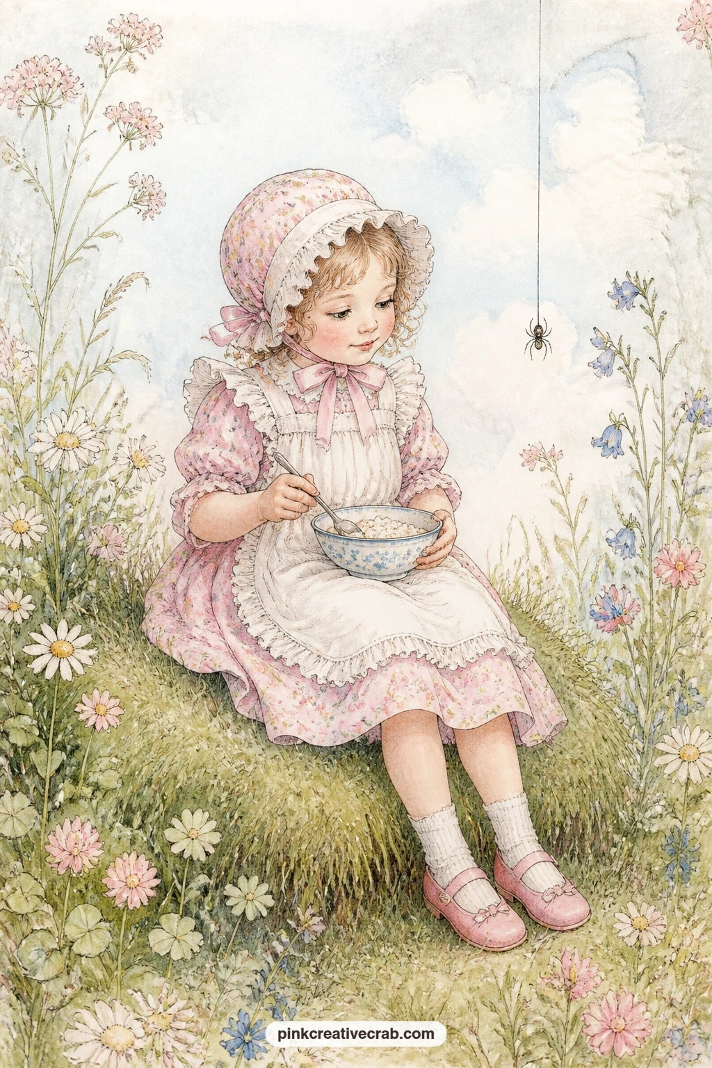 Miss Muffet's Tuffet printable page — One line does it here: Miss Muffet sits on her tuffet with a bowl of curds and whey, a tiny spider dropping down on its