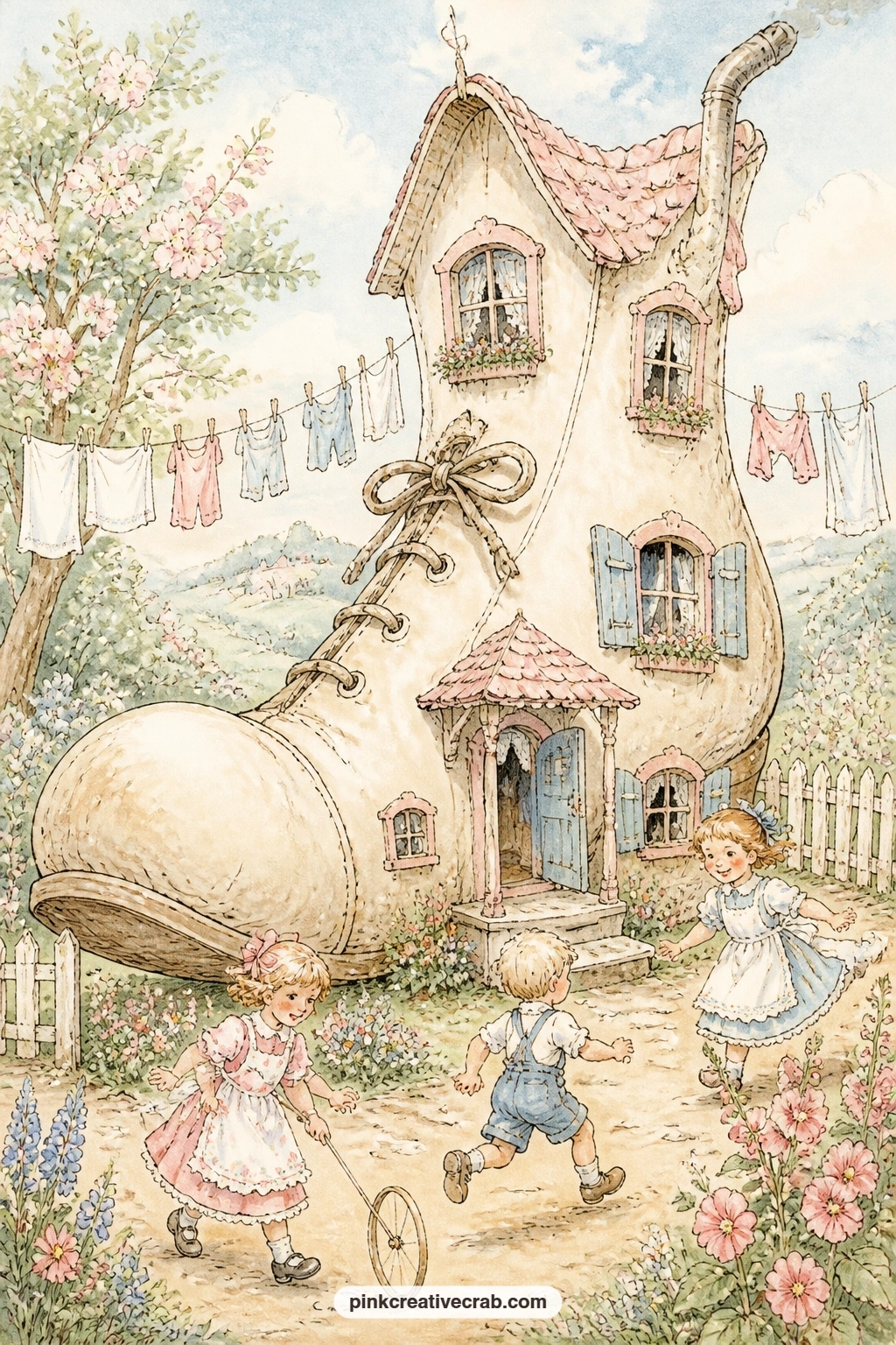 The Old Woman's Shoe House printable page — This page works best as a fold-out: score it down the middle so the shoe opens like a little door, revealing
