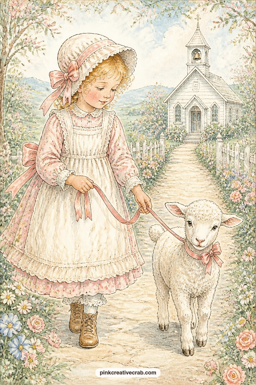 Mary And Her Little Lamb printable page — Mary walks toward a small schoolhouse with her lamb close at her side, flowers scattered along the lane and the