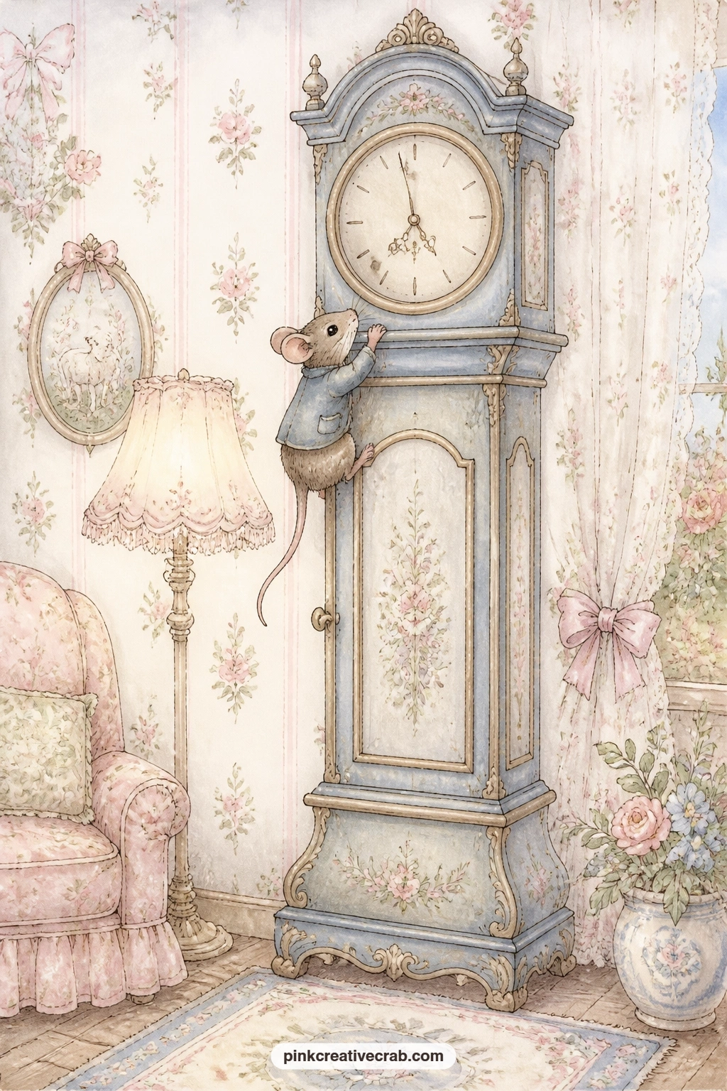 Mouse Up The Clock printable page — The usual mistake is making the clock too small to notice: draw the eye up by keeping the case tall and the mouse tiny near