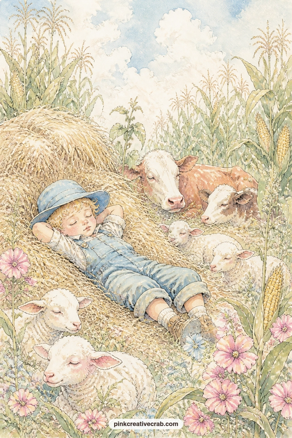Little Boy Blue Asleep printable page — Write a lullaby line or a bedtime wish along the edge of this one before gluing it in, since the sleeping boy under his