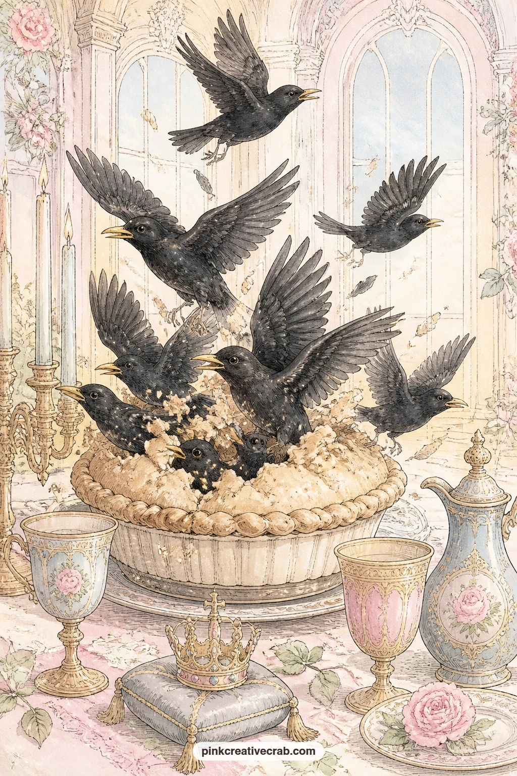 Blackbirds From The Pie printable page — Blackbirds burst upward from an opened pie on a long palace table while a small golden crown rests nearby among